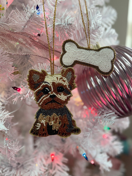 Beaded Dog + Bone Ornament Set (Yorkie Dog)