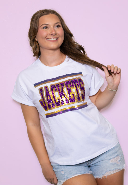 **PRE-ORDER ONLY** Jeweled Jackets Purple & Gold | Women's Sequin + Jewel Design Cuff Sleeve Tee (White)