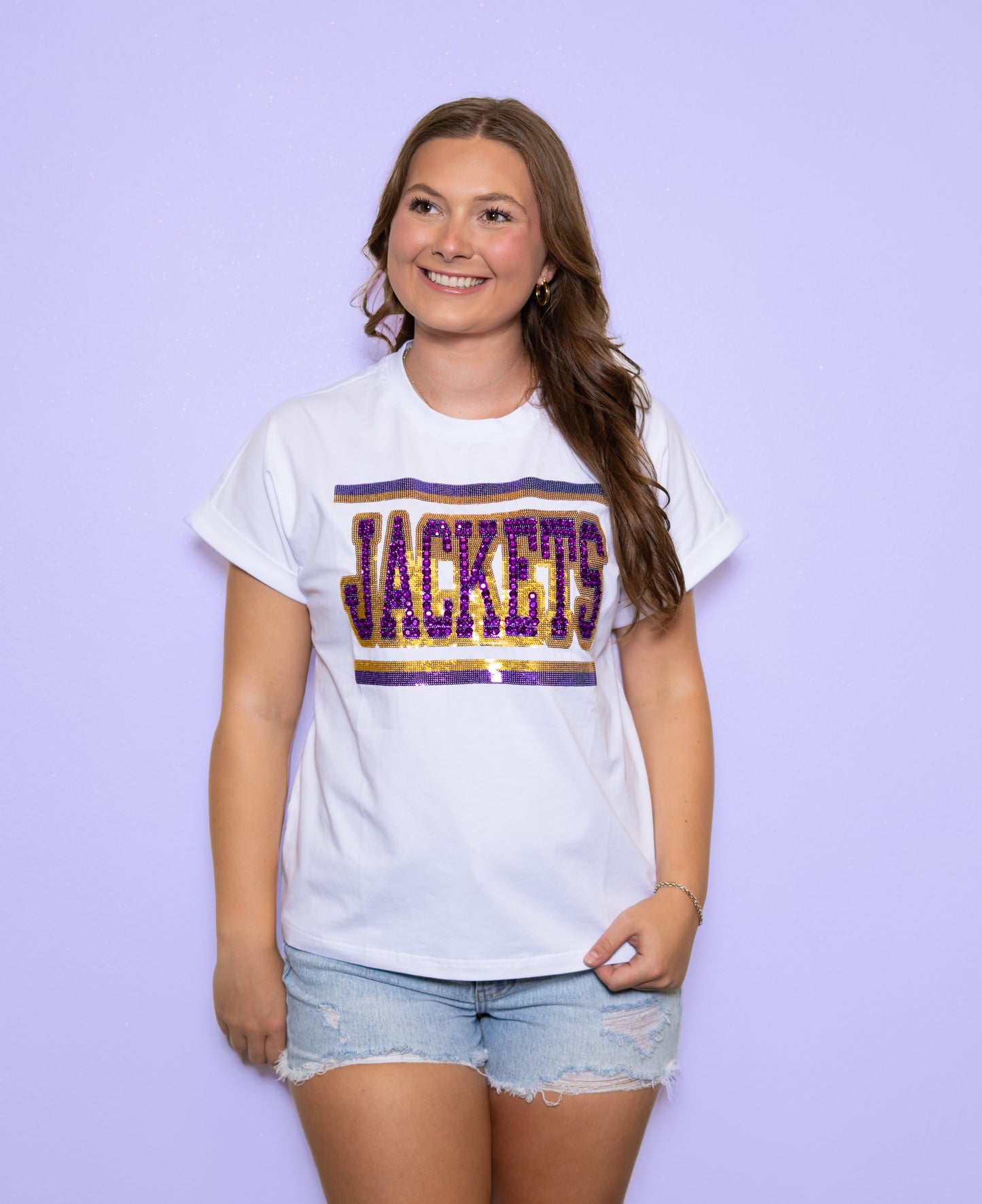 **PRE-ORDER ONLY** Jeweled Jackets Purple & Gold | Women's Sequin + Jewel Design Cuff Sleeve Tee (White)