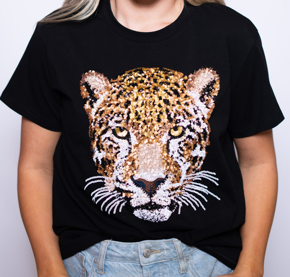 Jaguar Tee | Women's Sequin Design Tee (Black)
