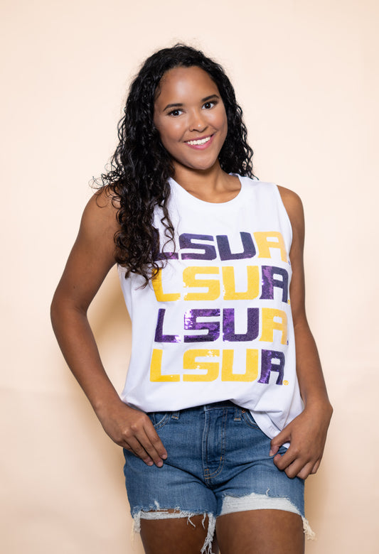 WHOLESALE | LSUA Quad Block (LICENSED) | Women's Sequin Design Tank (White)