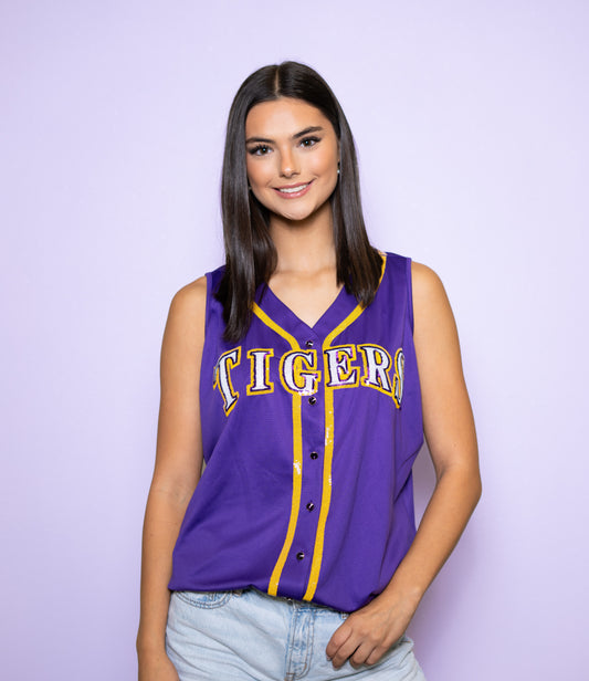 **PRE-ORDER ONLY** Wholesale | LSU Tigers (Licensed) | Women's Sequin Embroidery Baseball Jersey Tank (Purple)