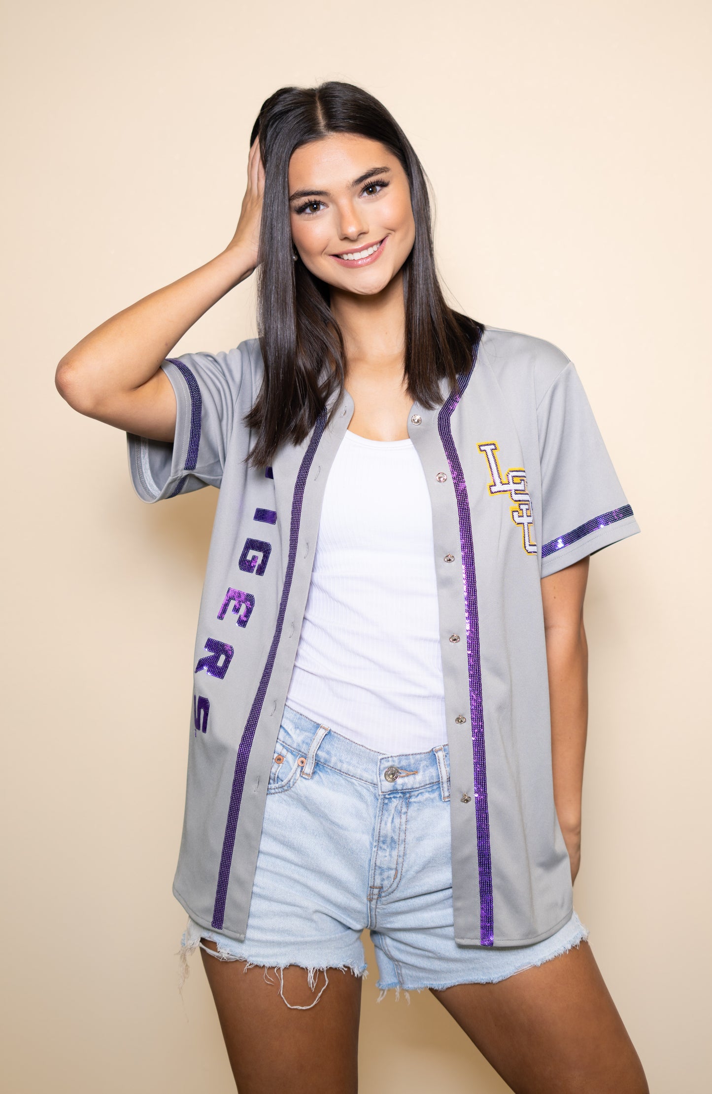 **PRE-ORDER ONLY** Wholesale | LSU Tigers (Licensed) | Women's Sequin Embroidery Baseball Jersey (Grey)