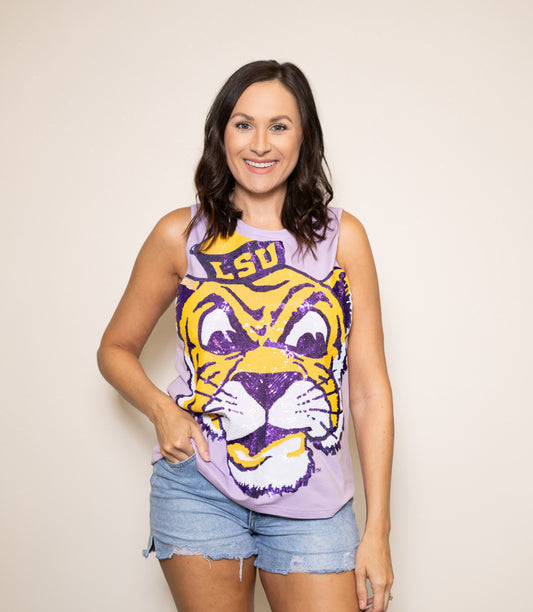 **PRE-ORDER ONLY** LSU Full Face Vintage Tiger (LICENSED) | Women's Sequin Design Tank (Lavender)