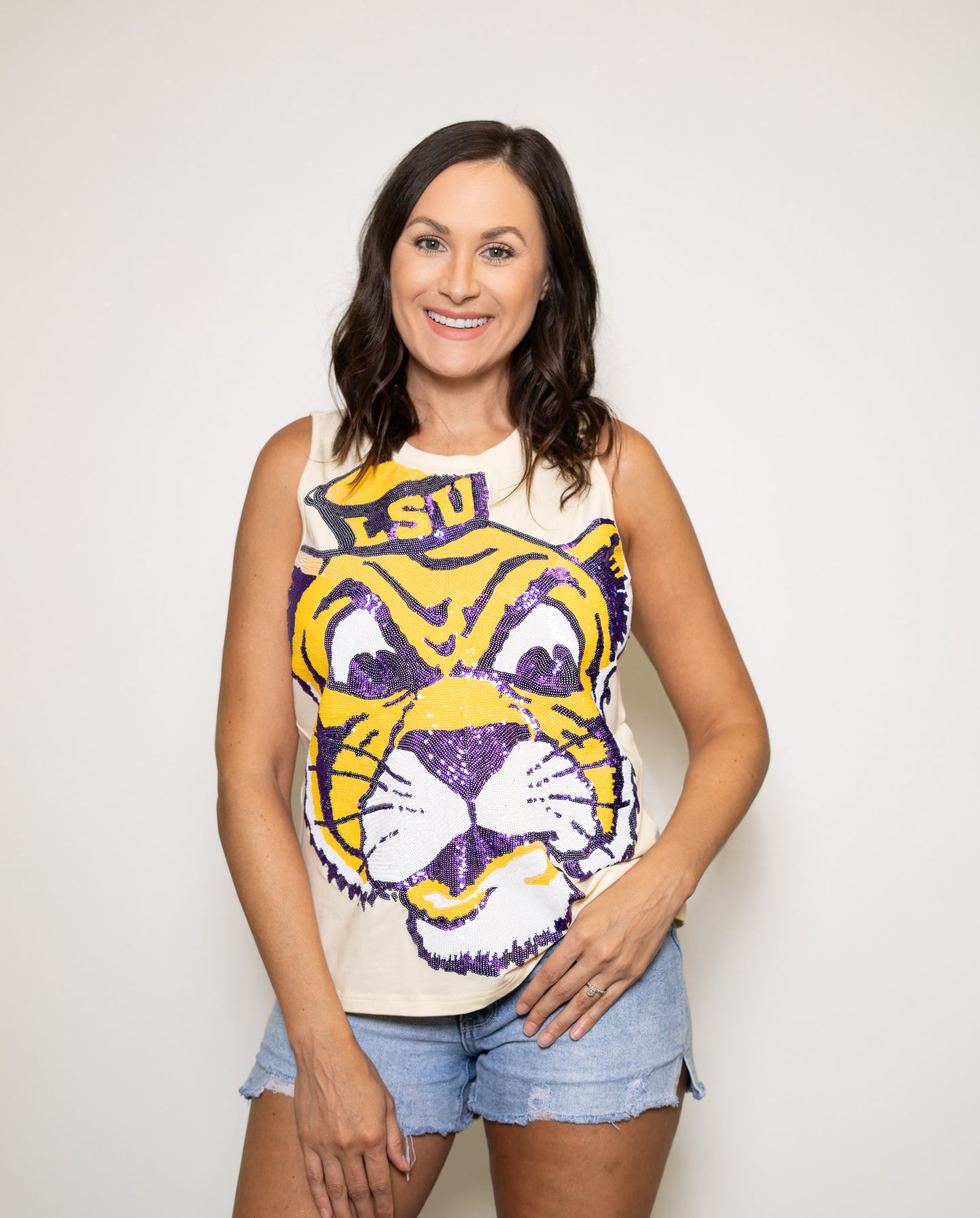 Wholesale | LSU Full Face Vintage Tiger (LICENSED) | Women's Sequin Design (Butter Yellow)