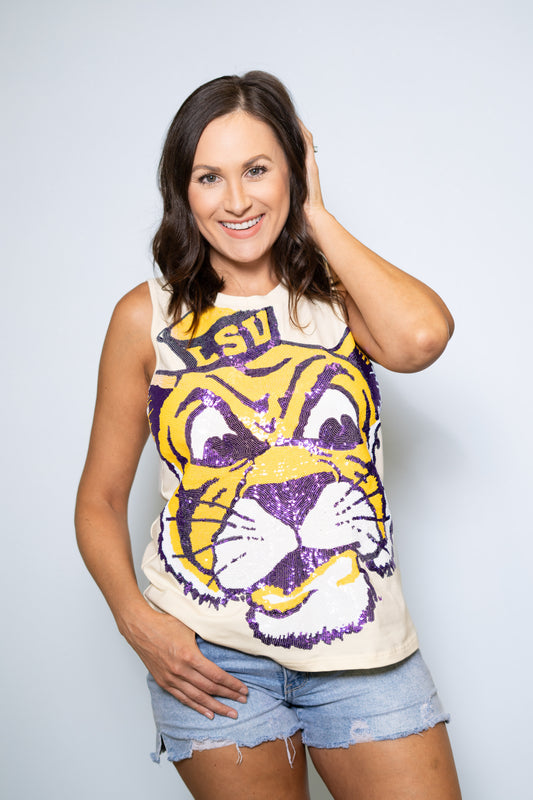 Wholesale | LSU Full Face Vintage Tiger (LICENSED) | Women's Sequin Design (Butter Yellow)