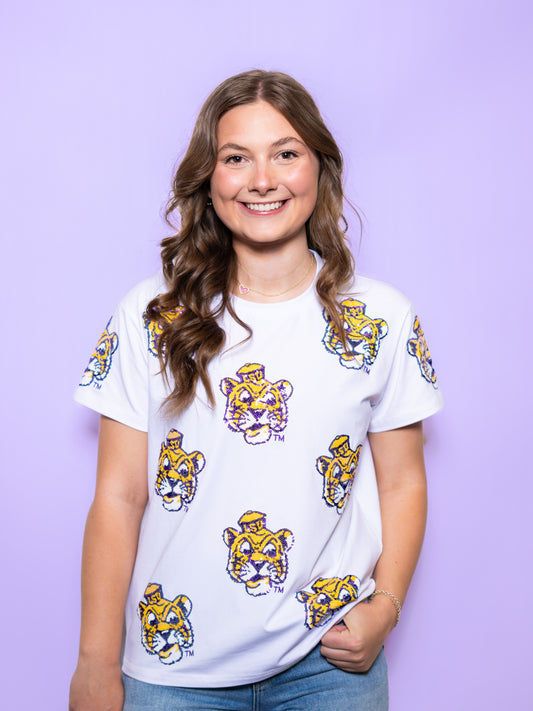 **PRE-ORDER ONLY** Wholesale | LSU Scattered Vintage Logo (Licensed) | Women's Sequin Design (White)