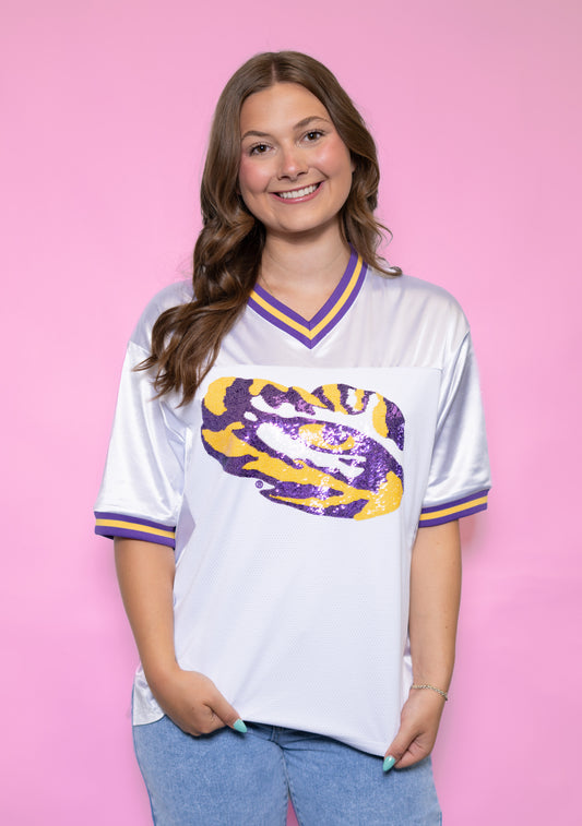 **PRE-ORDER ONLY** LSU Tiger Eye (Licensed) | Women's Sequin Design Football Jersey (White)