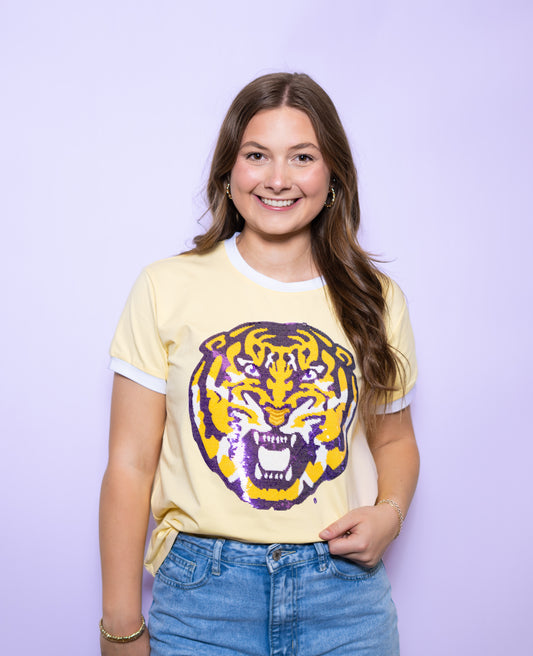 **PRE-ORDER ONLY** Wholesale | Louisiana State University Tiger (Licensed) | Women's Sequin Design (Butter Yellow)