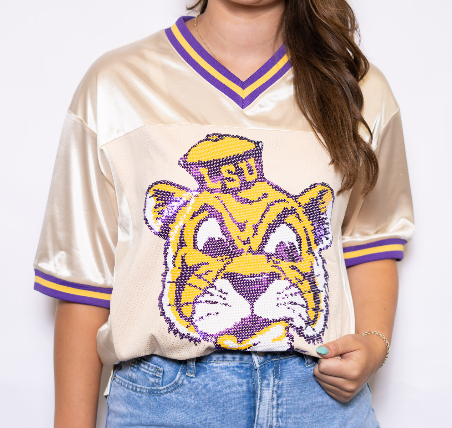 **PRE-ORDER ONLY** LSU Vintage Geaux Mike (Licensed) | Women's Sequin Design Football Jersey (Champagne)