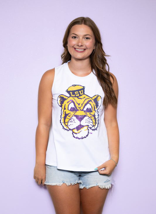 Wholesale | LSU Vintage Tiger (Licensed) | Women's Sequin Design Tank (White)