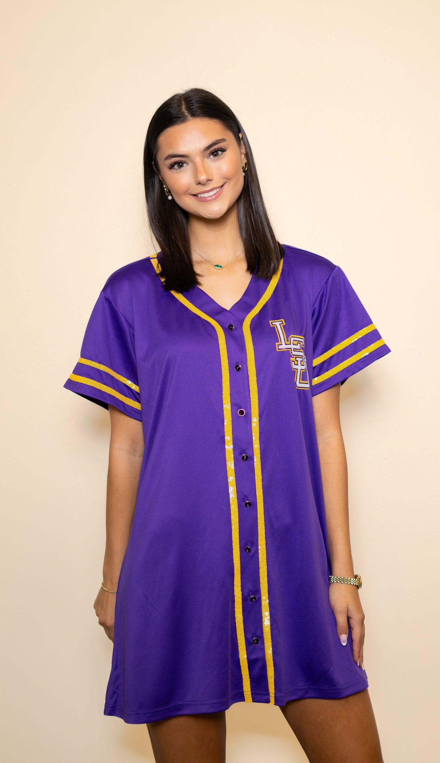 LSU Tigers Baseball (Licensed) | Women's Sequin Embroidery Baseball Jersey Dress (Purple)