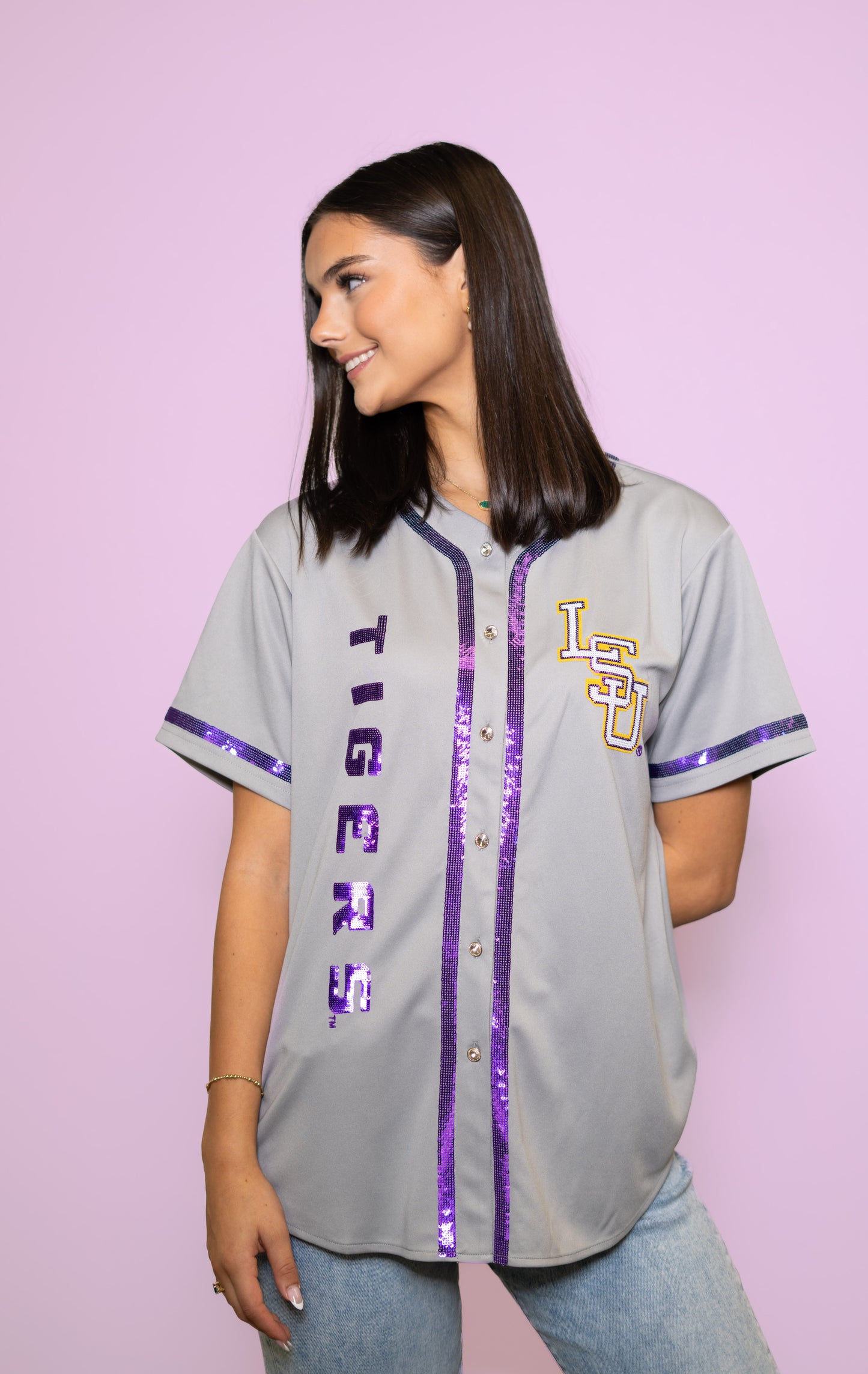 **PRE-ORDER ONLY** Wholesale | LSU Tigers (Licensed) | Women's Sequin Embroidery Baseball Jersey (Grey)