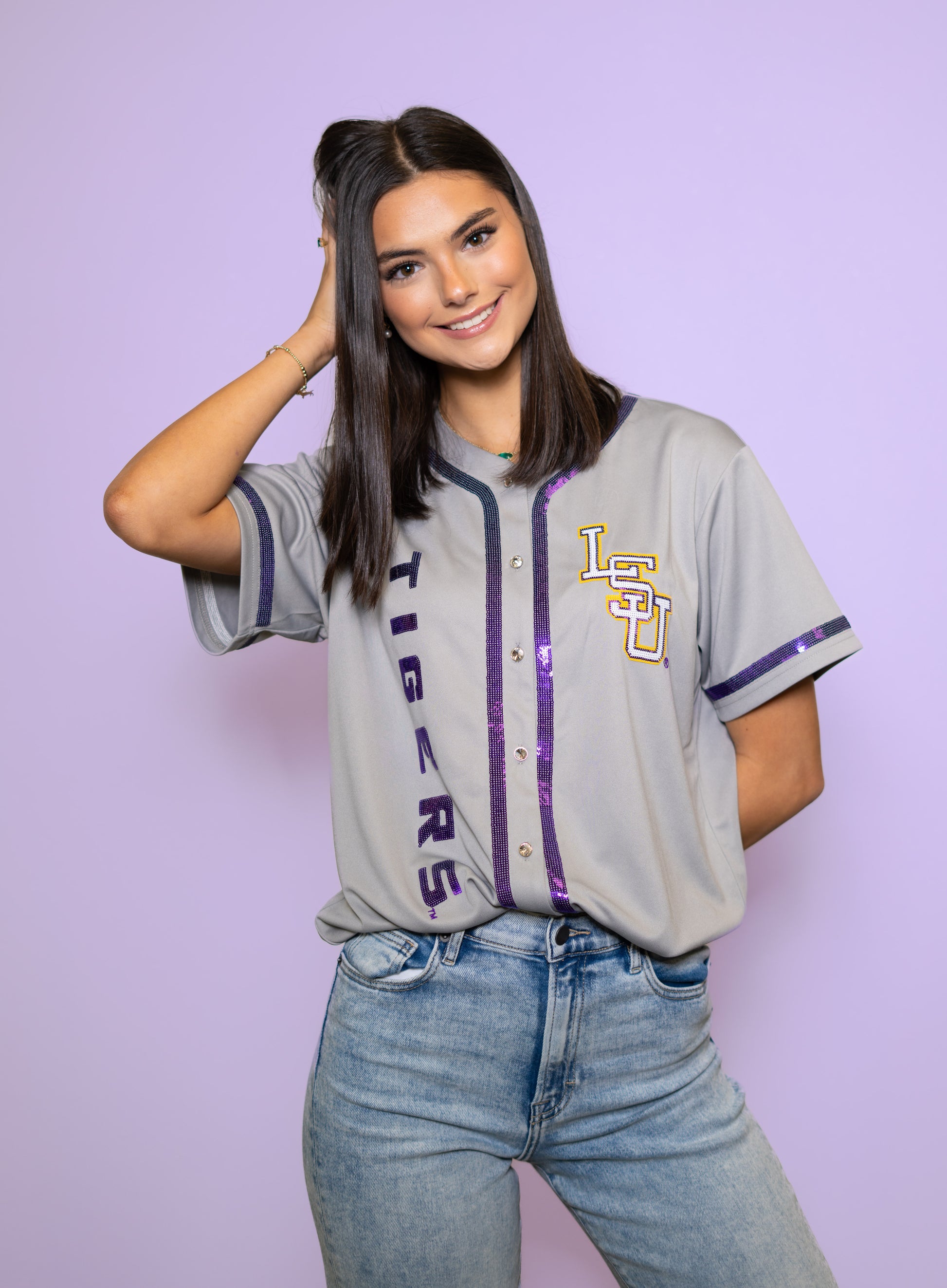 LSU Tigers (Licensed) | Women's Sequin Embroidery Baseball Jersey (Grey) LSU Tigers (Licensed) | Women's Sequin Embroidery Baseball Jersey (Grey)