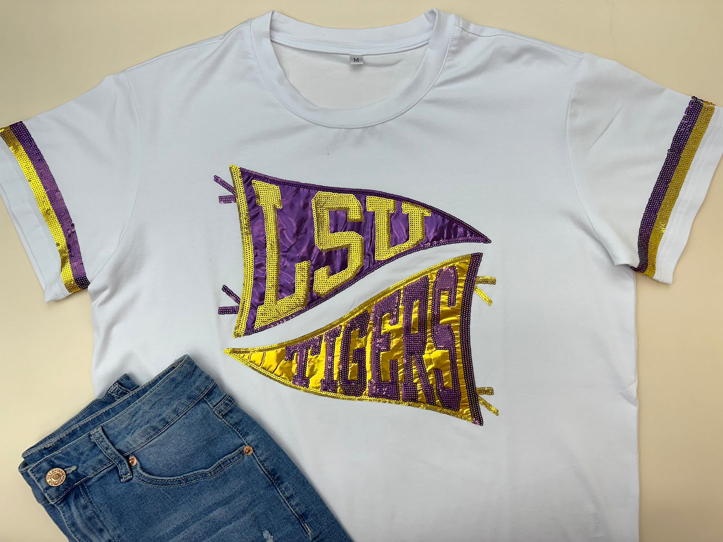 **PRE-ORDER ONLY** LSU TIGERS Pennant (Licensed) | Women's Sequin Design Tee (White)