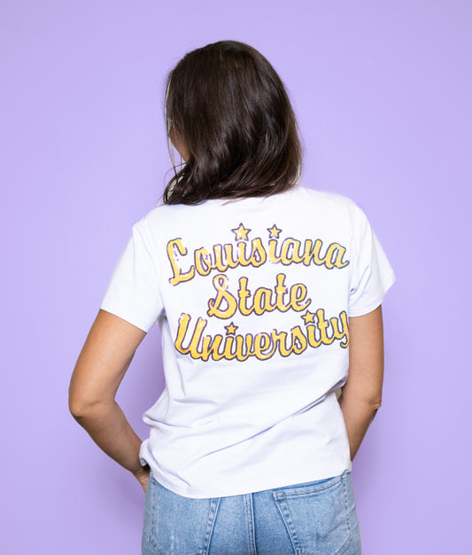 Wholesale | LSU Vintage Louisiana State University (LICENSED)| Women's Sequin Design (White)