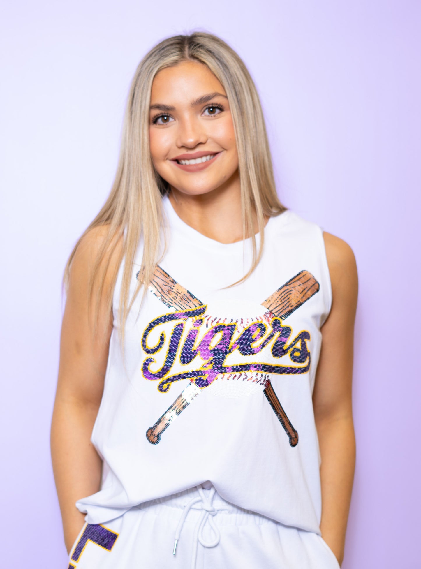LSU Tigers Baseball Bats (LICENSED) | Women's Sequin Design Tank (White)