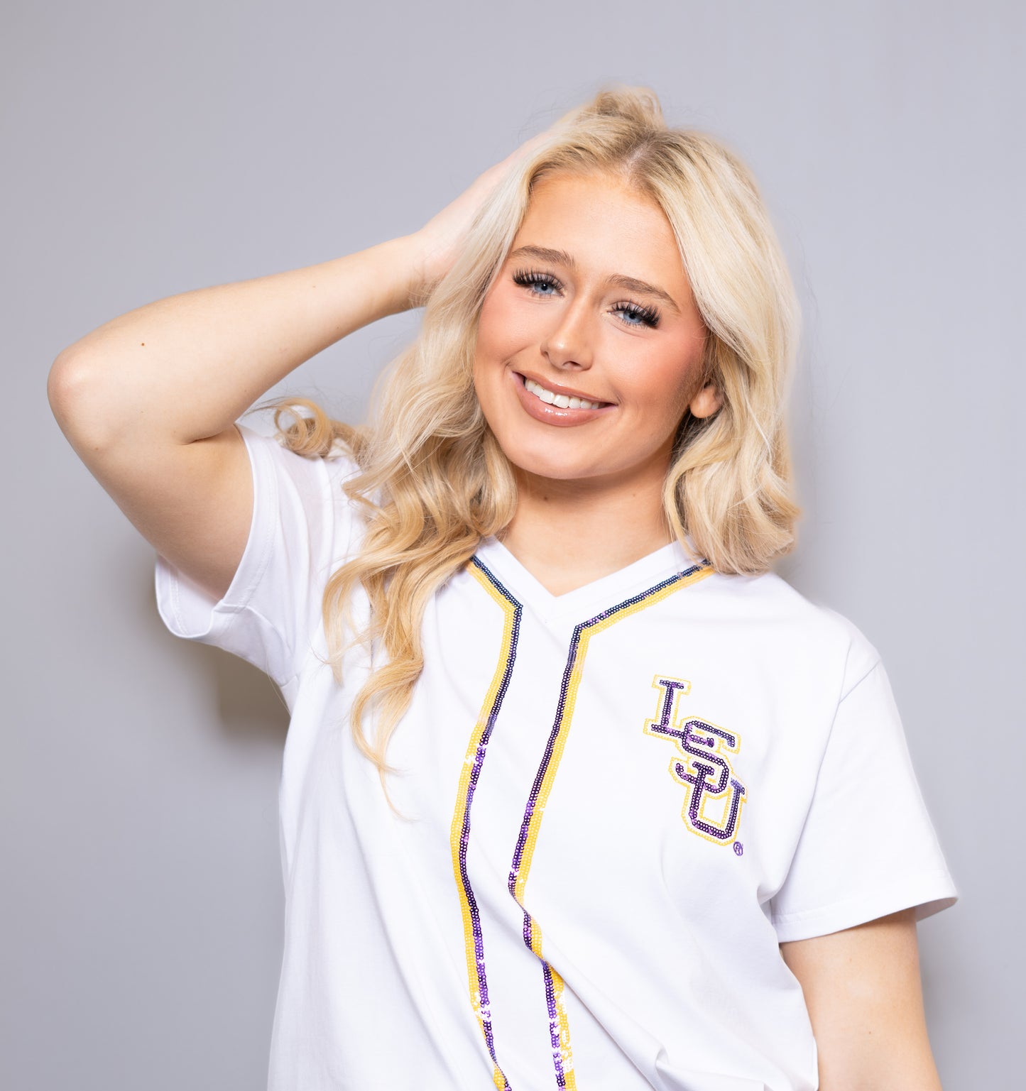 Wholesale | LSU Geaux Tigers (LICENSED) | Women's Front & Back Sequin Design Baseball Jersey V-Neck (White)