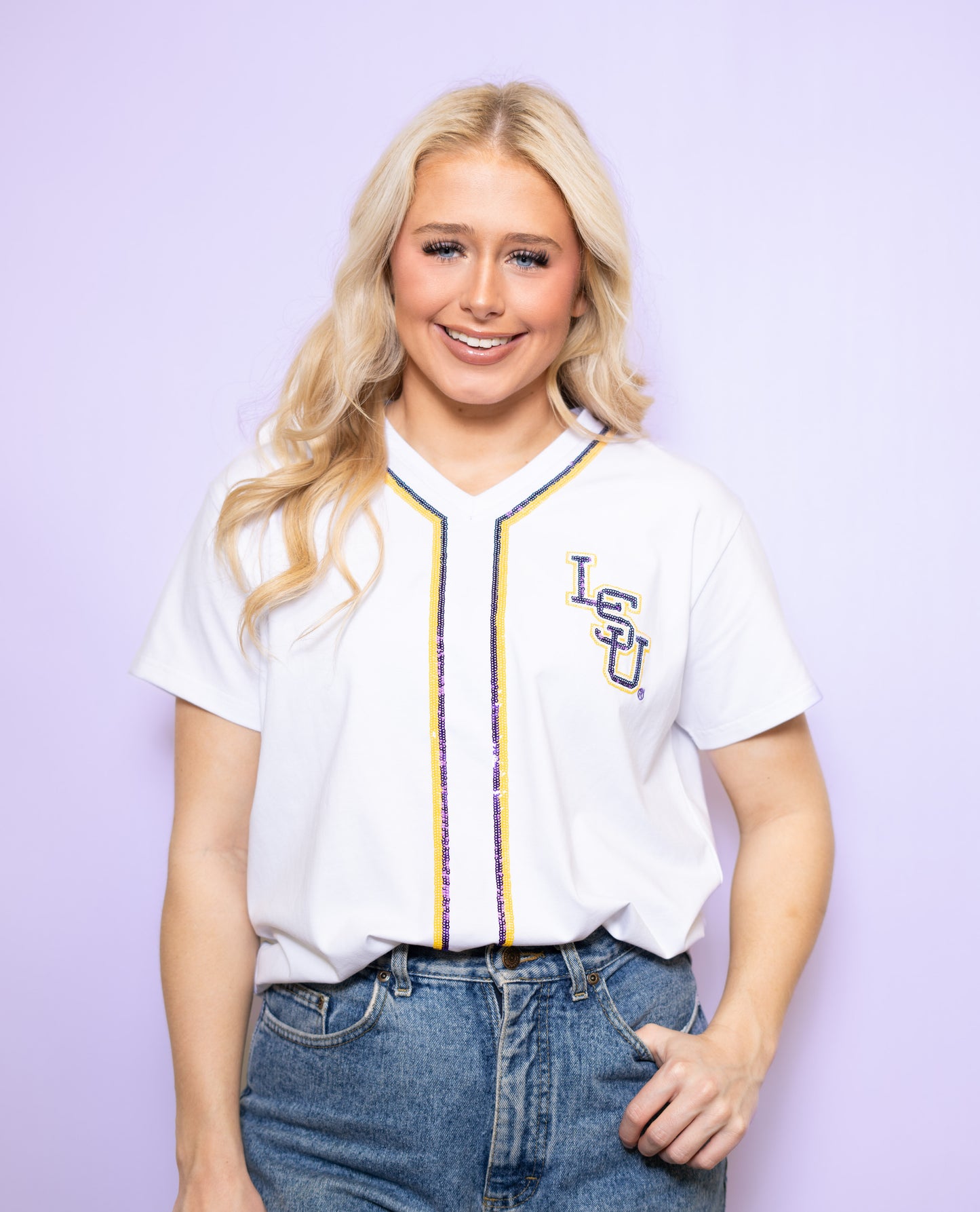 Wholesale | LSU Geaux Tigers (LICENSED) | Women's Front & Back Sequin Design Baseball Jersey V-Neck (White)