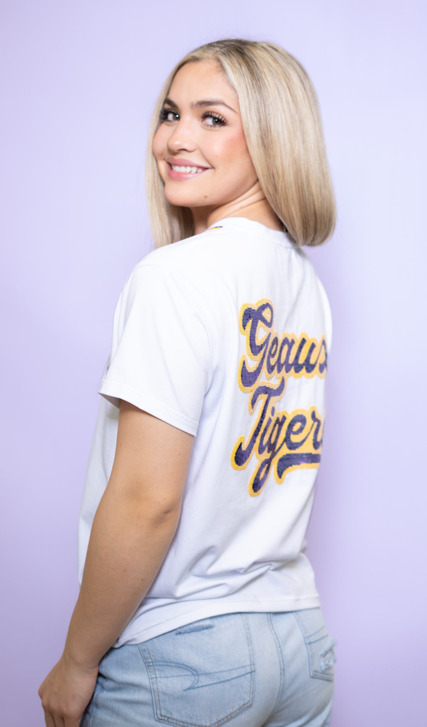 Wholesale | LSU Geaux Tigers (LICENSED) | Women's Front & Back Sequin Design Baseball Jersey V-Neck (White)