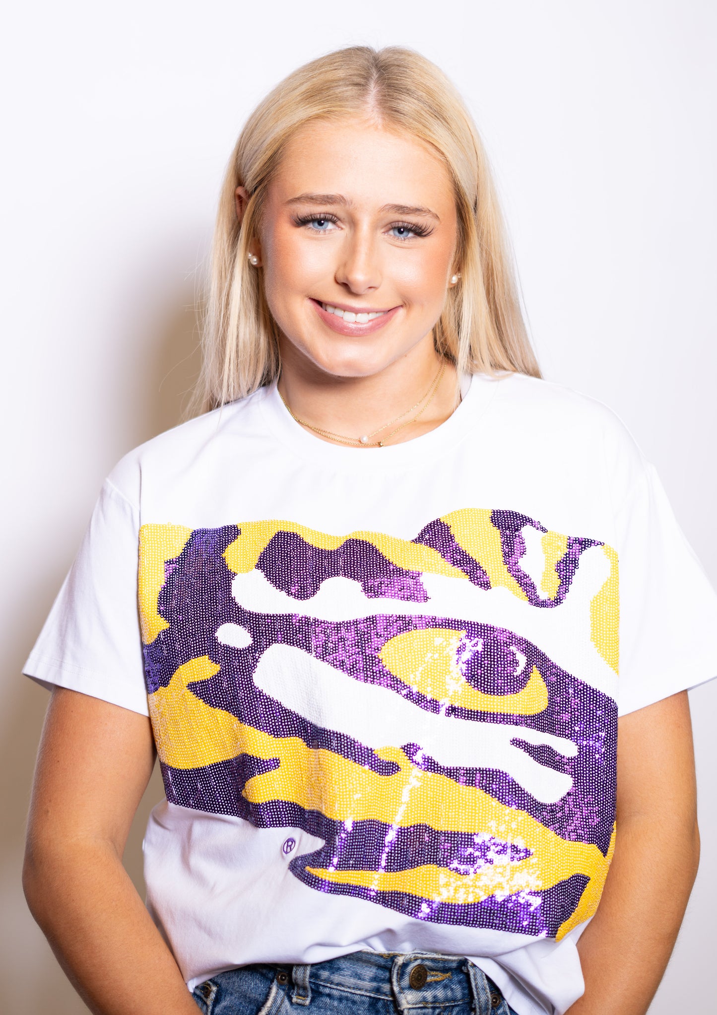 LSU Tiger Eye (LICENSED) | Women's Sequin Design Tee (White)