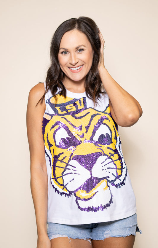 **PRE-ORDER ONLY** LSU Vintage Full Face Tiger (Licensed) | Women's Sequin Design Tank (White)