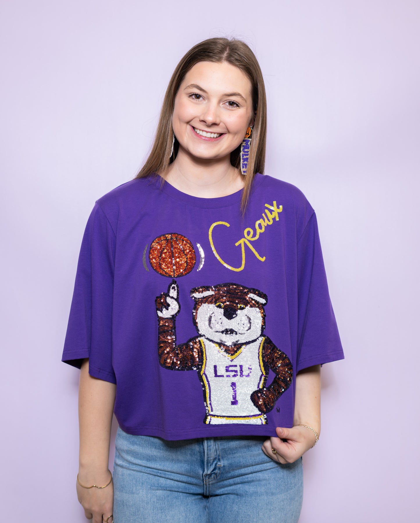 Wholesale Geaux Mike Basketball (Licensed by LSU ) Women's Oversized Sequin Design Jersey  (Purple)