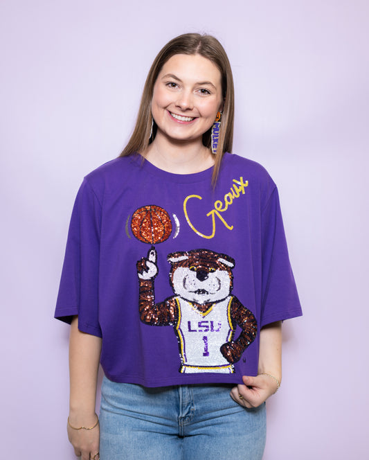 Geaux Mike Basketball (Licensed by LSU ) Women's Oversized Sequin Design Jersey Tee (Purple)