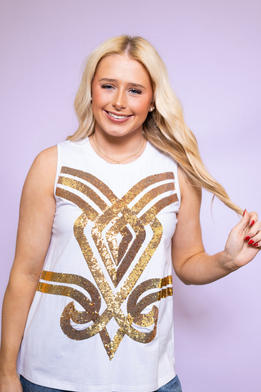 LSU Golden Girl Tank (Licensed) | Women's Sequin Design Tank (White)