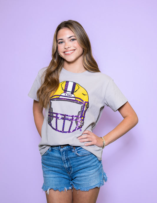LSU Front & Back Helmet (Licensed) | Women's Sequin Design Tee (Gray)