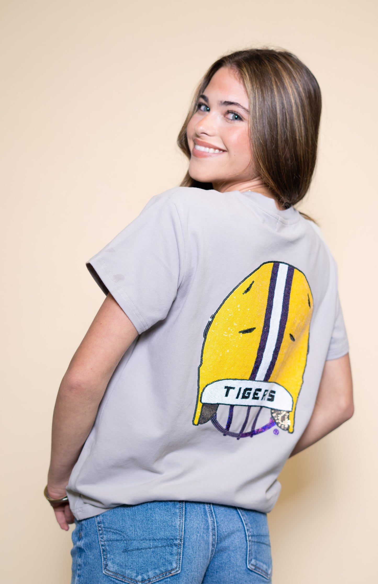 LSU Front & Back Helmet (Licensed) | Women's Sequin Design Tee (Gray)