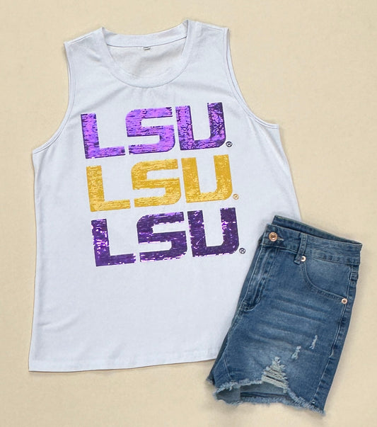 LSU Triple Block Logo (Licensed) | Women's Sequin Design Tank (White)
