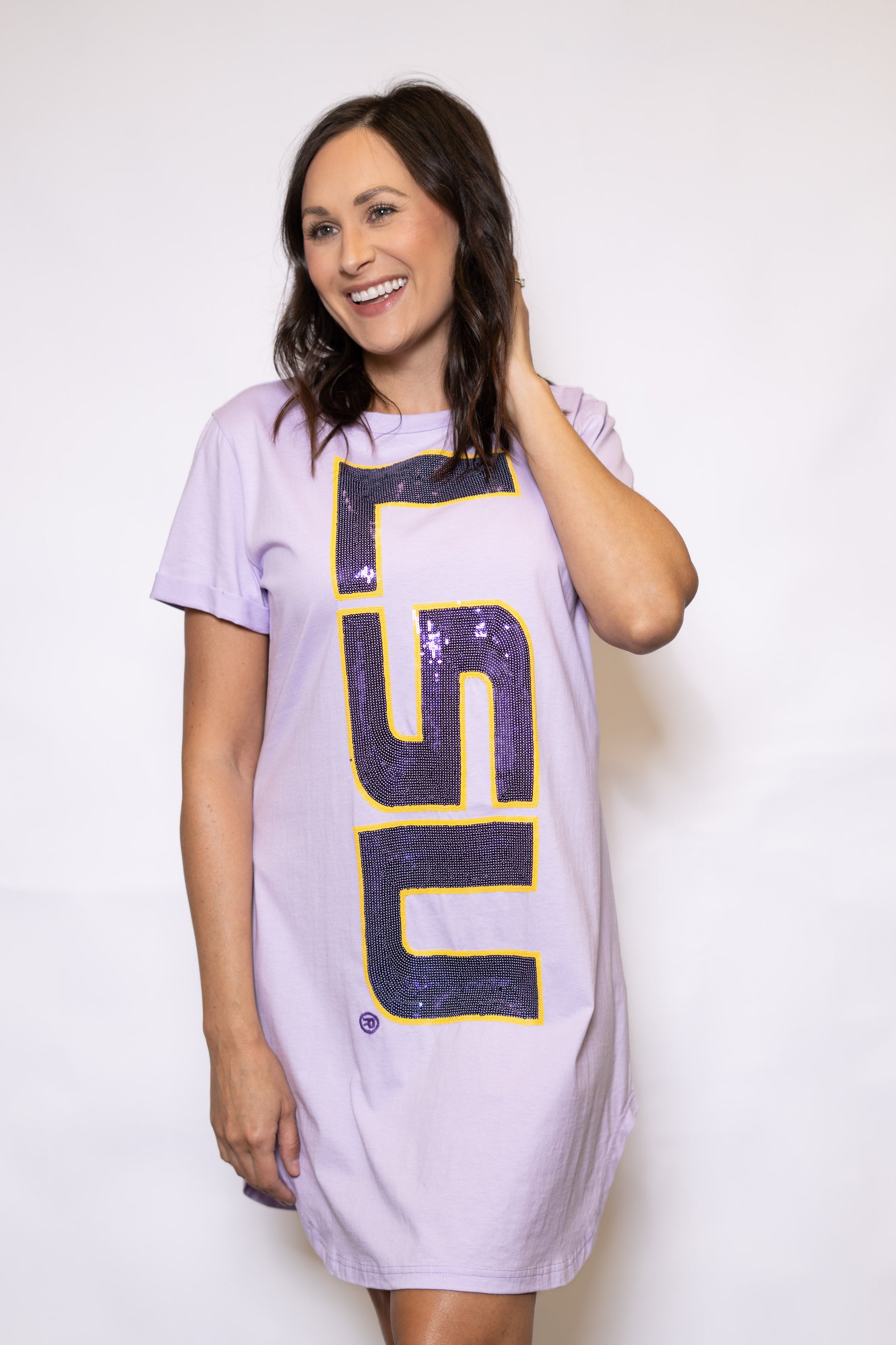 LSU Logo (Licensed) | Women's Sequin Design Cuff Sleeve Dress (Lavende Bomb Designs LSU Logo (Licensed) | Women's Sequin Design Cuff Sleeve Dress (Lavende Bomb Designs