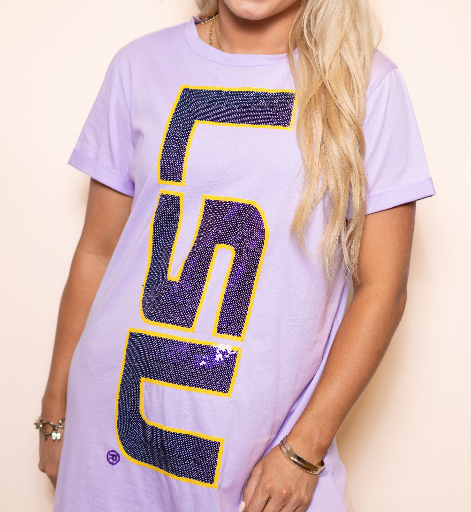 LSU Logo (Licensed) | Women's Sequin Design Cuff Sleeve Dress (Lavender) LSU Logo (Licensed) | Women's Sequin Design Cuff Sleeve Dress (Lavender)