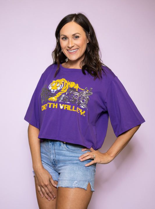 WHOLESALE | Mike Over Tiger Stadium LSU (LICENSED) | Women's Oversized Sequin Design (Purple)