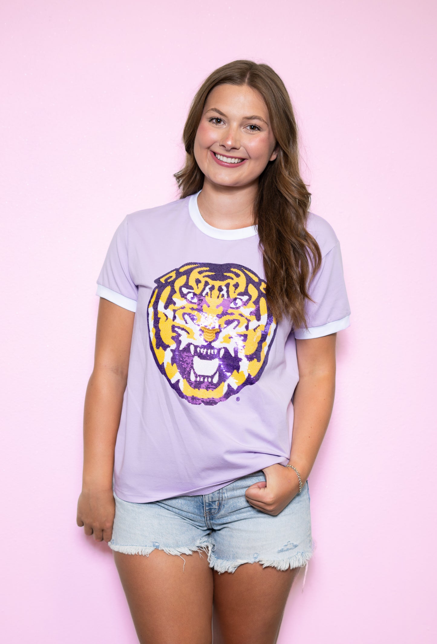 **PRE-ORDER ONLY** Louisiana State University Tiger (LICENSED) | Women's Sequin Design Tee (Lavender)