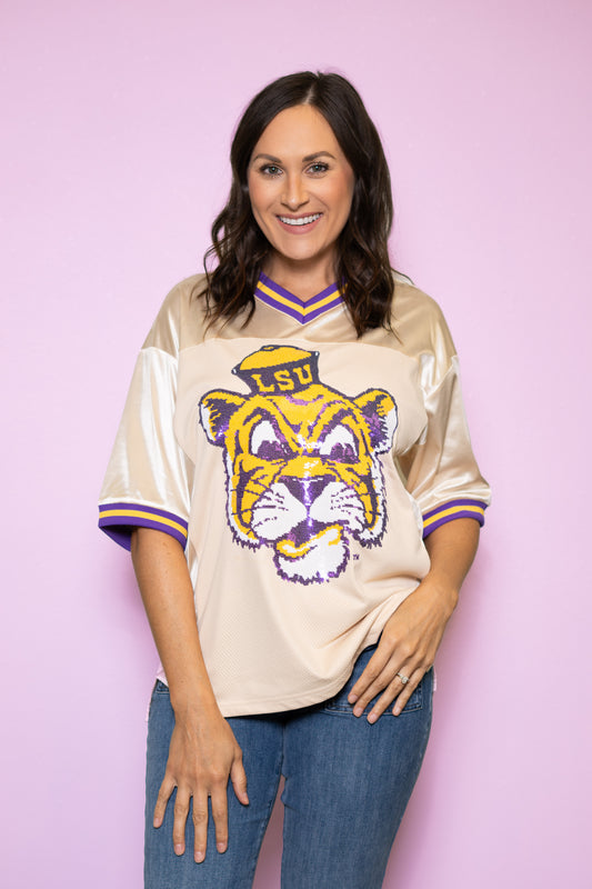 **PRE-ORDER ONLY** LSU Vintage Geaux Mike (Licensed) | Women's Sequin Design Football Jersey (Champagne)