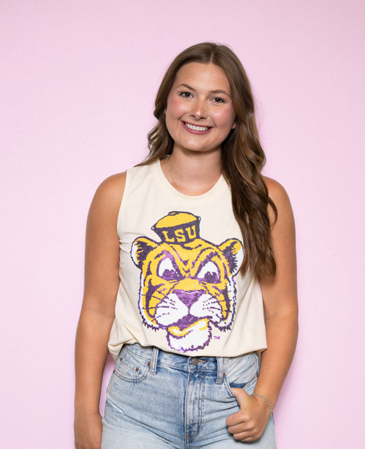 LSU Vintage Tiger (Licensed) | Women's Sequin Design Tank (Butter Yellow)