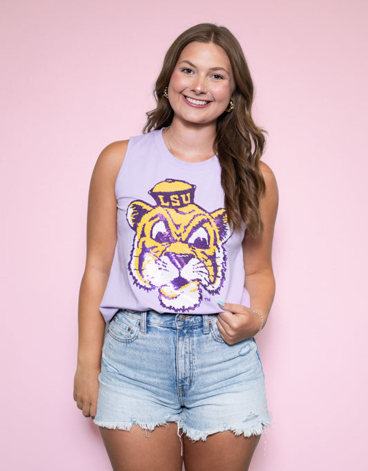 LSU Vintage Tiger (Licensed) | Women's Sequin Design Tank (Lavender)