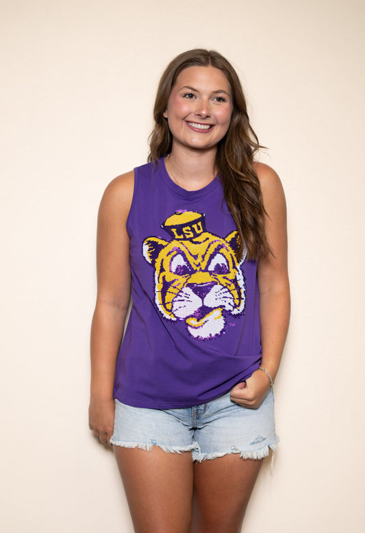 LSU Vintage Tiger (Licensed) | Women's Sequin Design Tank (Purple)