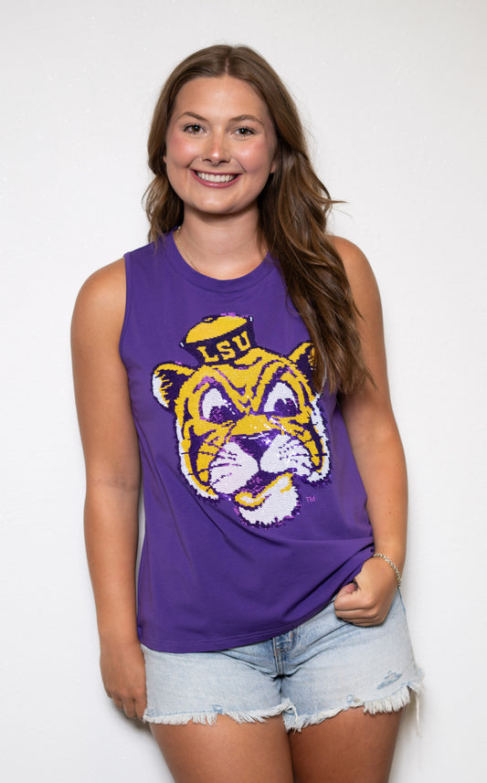 LSU Vintage Tiger (Licensed) | Women's Sequin Design Tank (Purple)