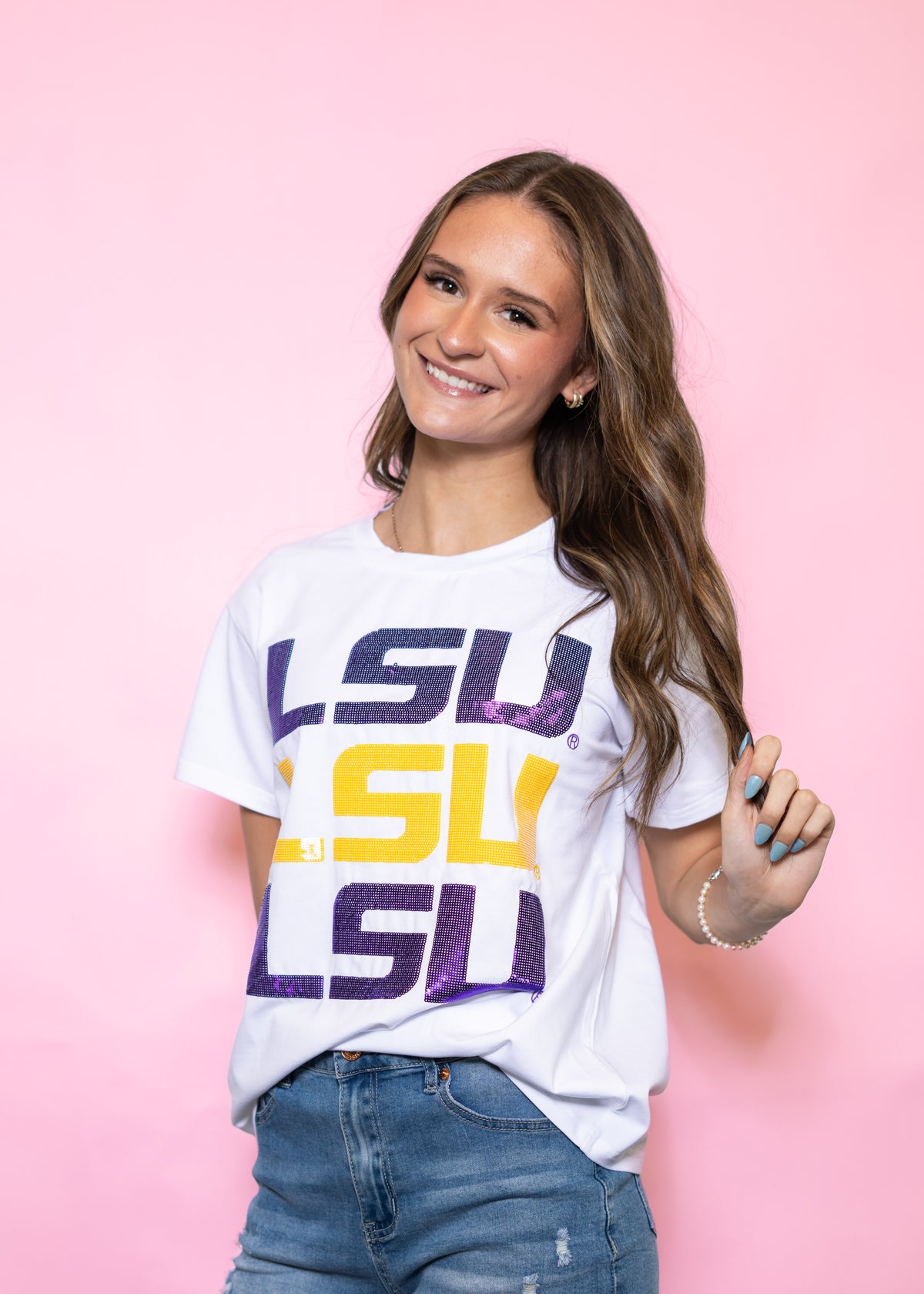 LSU Triple Block Logo (Licensed) | Women's Sequin Design Tee (White)