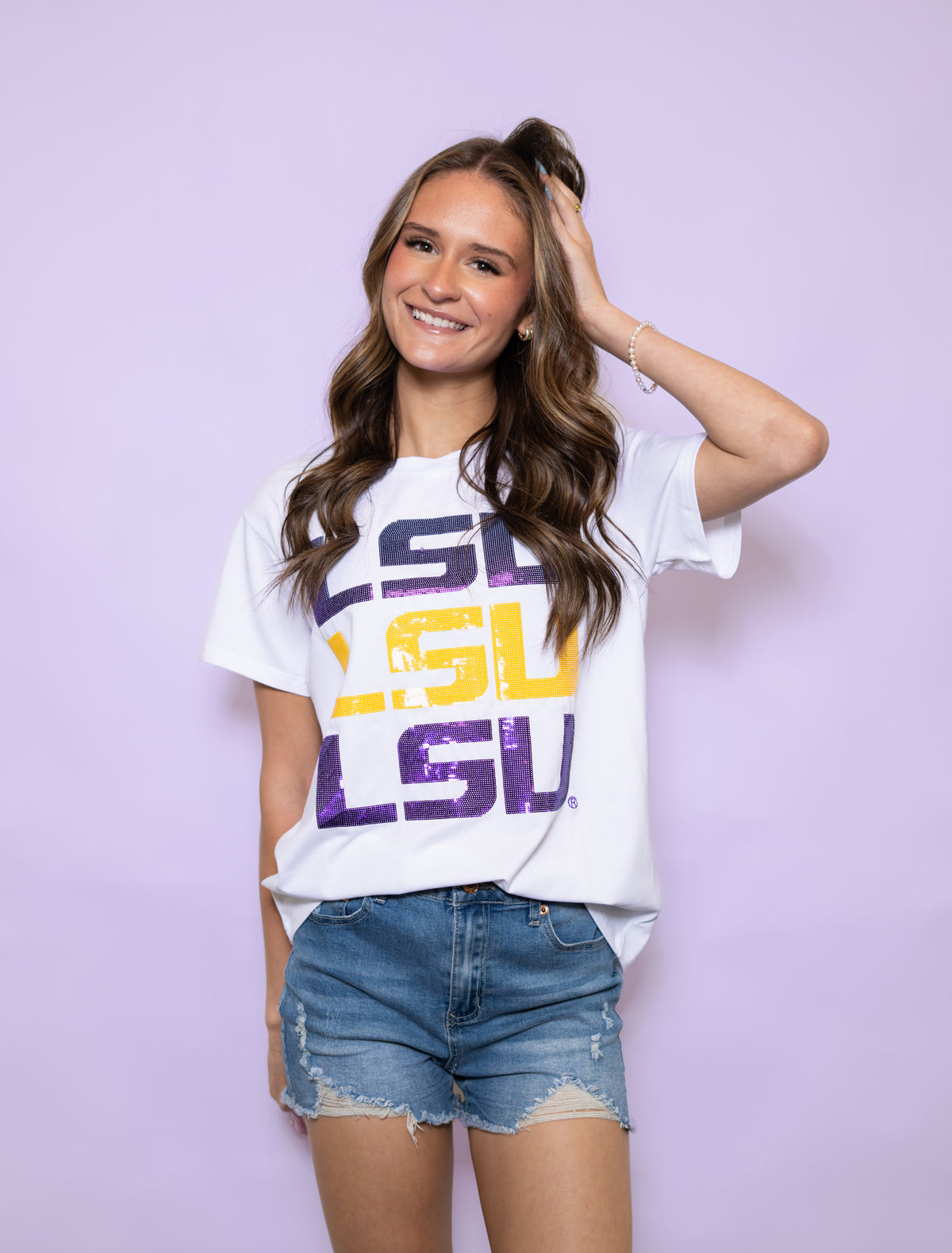 LSU Triple Block Logo (Licensed) | Women's Sequin Design Tee (White)
