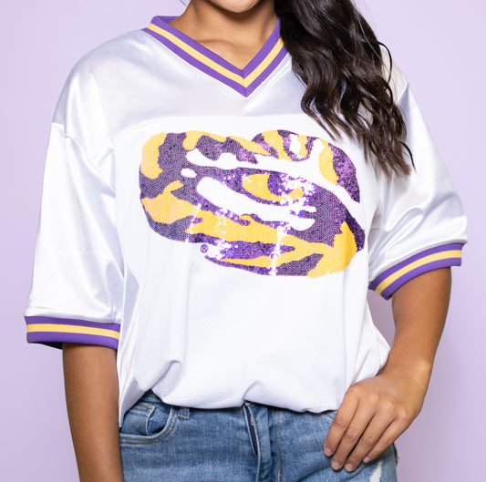 LSU Tiger Eye (Licensed) | Women's Sequin Design Football Jersey (White)