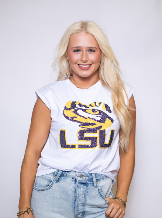 Wholesale | LSU Tiger Eye (LICENSED) | Women's Sequin Design (White)
