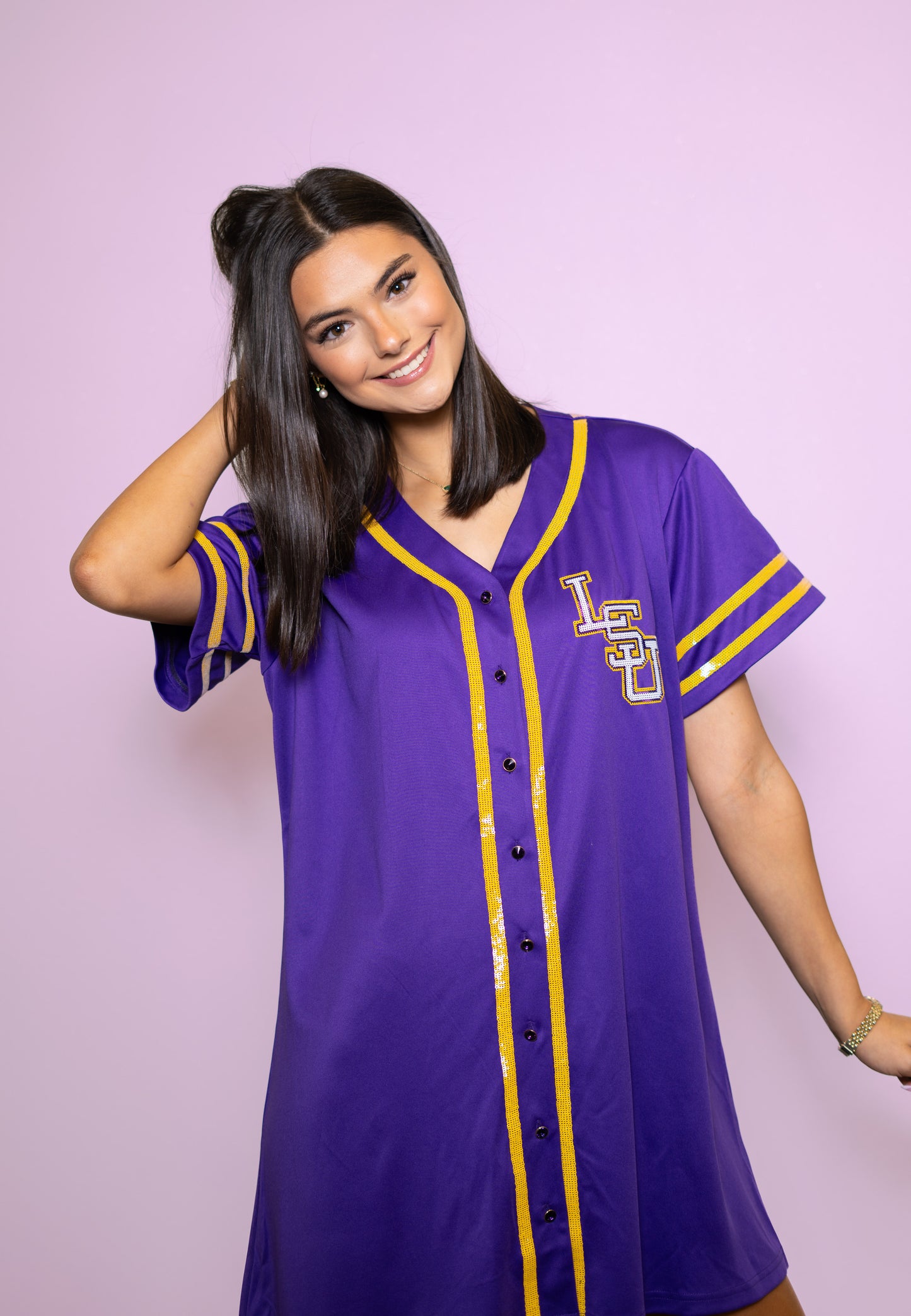 LSU Tigers Baseball (Licensed) | Women's Sequin Embroidery Baseball Jersey Dress (Purple)