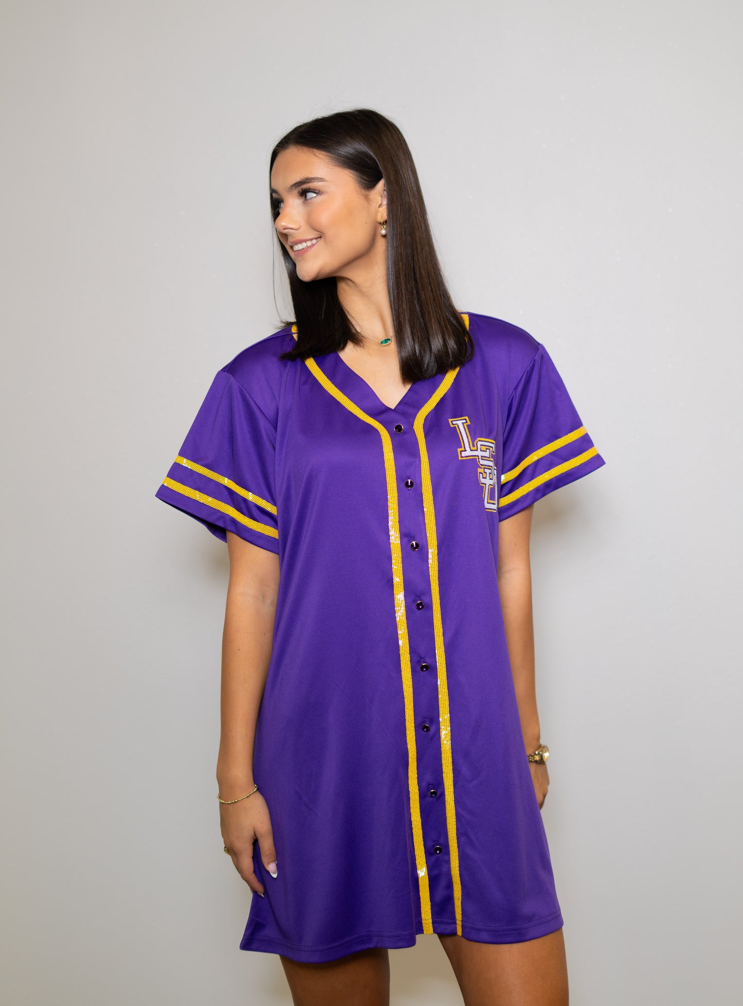 LSU Tigers Baseball (Licensed) | Women's Sequin Embroidery Baseball Jersey Dress (Purple)