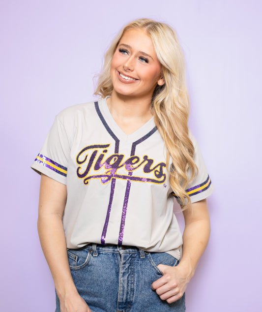 LSU Tigers Baseball (LICENSED) | Women's Baseball Jersey V-Neck Tee (Light Grey)