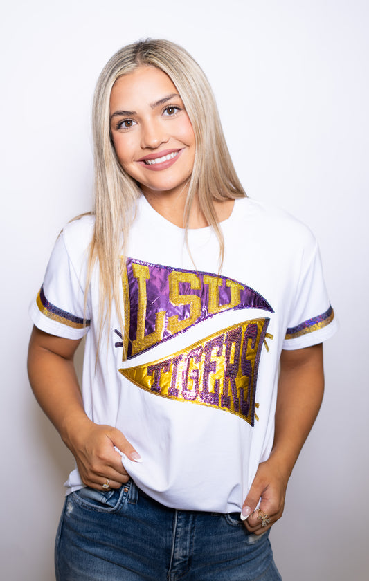 LSU TIGERS Pennant (Licensed) | Women's Sequin Design Tee (White)