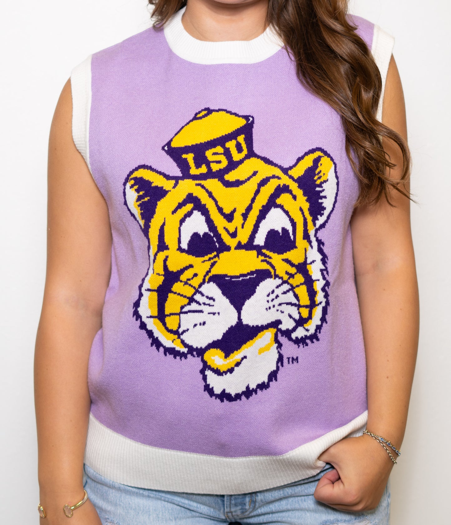 **PRE-ORDER ONLY** LSU Vintage Tiger (Licensed) | Women's Jacquard Sleeveless Sweater (Lavender)